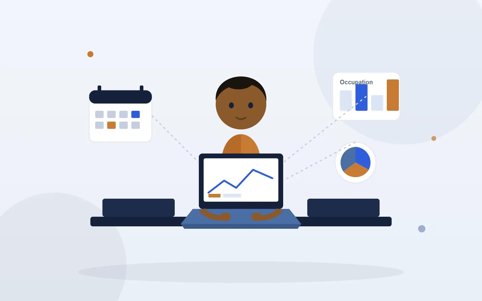 Illustration d'un gérant d'agence pilotant son planning et ses statistiques d'occupation, symbole de la gestion centralisée avec RendiBook