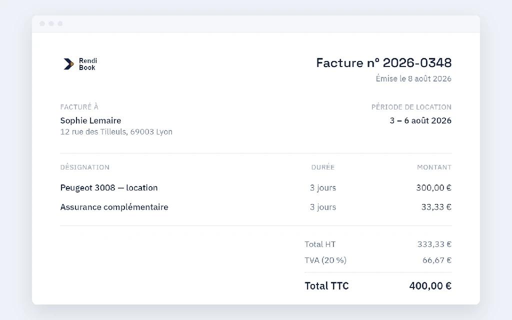 Facture RendiBook générée en PDF, avec le détail des lignes, le total HT, la TVA et le total TTC