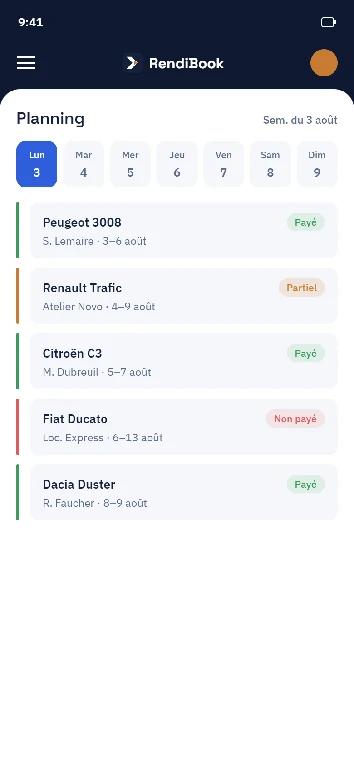 Planning RendiBook consulté sur mobile, avec le statut de paiement de chaque réservation de la semaine