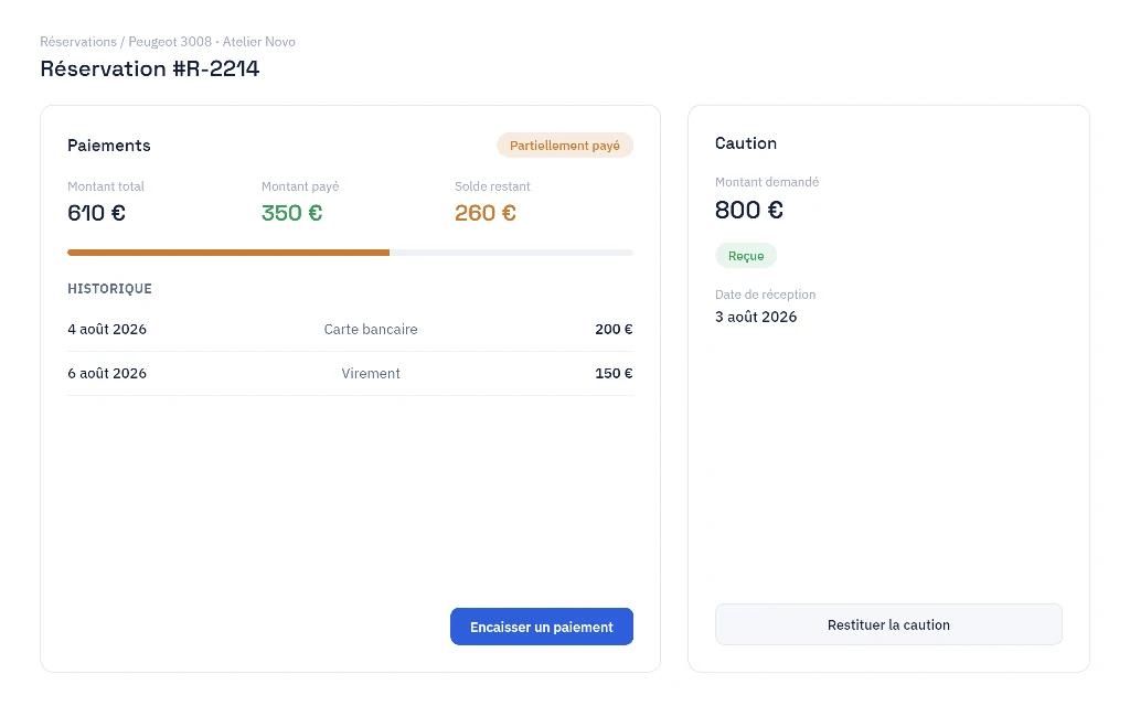 Détail des paiements et de la caution d'une réservation RendiBook, avec montant payé, solde restant et historique des règlements