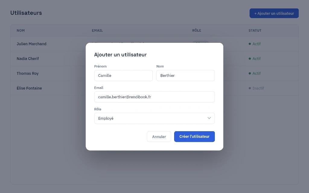 Liste des utilisateurs RendiBook avec leur rôle et leur statut, et formulaire de création d'un nouvel utilisateur